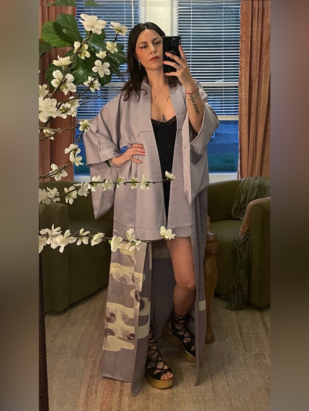 Silk vintage Japanese kimono lavender lilac floral flowers cover up dress robe